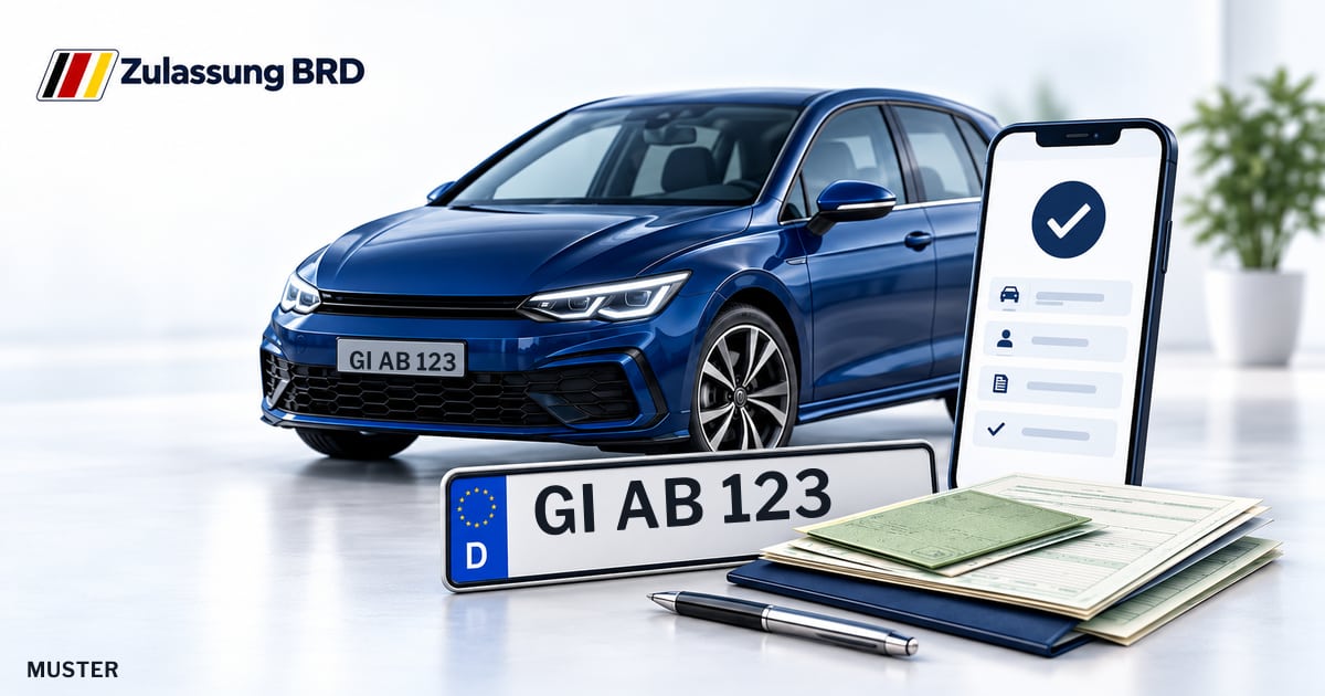 Online Fahrzeugzulassung in Heuchelheim a. d. Lahn: Musterkennzeichen GI AB 123, Auto und Fahrzeugpapiere und Smartphone. Illustration mit Logo von Zulassung BRD.